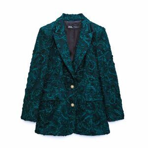 NWT ZARA Green Textured Tailored Blazer With Jewel Buttons, Sz XS - Limited Edit